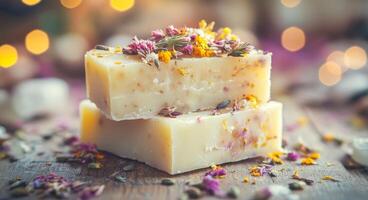 Handmade herbal soap with dried flowers displayed on a wooden surface in a natural setting photo