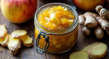 Homemade ginger and apple jam with fresh ginger root and apples on wooden table photo