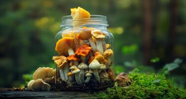 Colorful mushrooms in a glass jar displayed on mossy wood in a forest setting photo