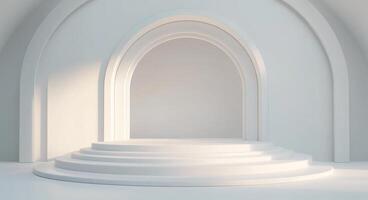 Modern minimalist stage design featuring circular backdrop in soft lighting photo