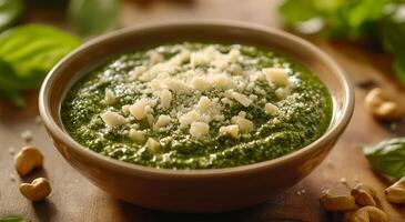 Fresh homemade basil pesto served in a rustic bowl surrounded by basil leaves and nuts photo
