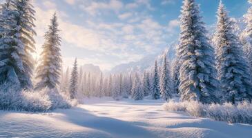 Winter landscape with snow-covered trees and clear blue sky in a tranquil forest setting photo