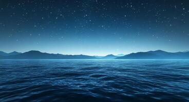 Calm evening landscape with stars reflecting over a serene body of water near distant mountains photo