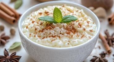 Creamy rice pudding topped with mint and spices, captured in a cozy kitchen setting photo