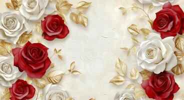 Elegant arrangement of red and white roses with gold accents on a floral background photo