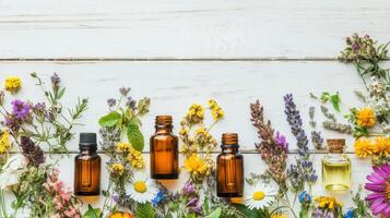 Herbal essence bottles surrounded by fresh flowers and herbs on a wooden table in natural light photo
