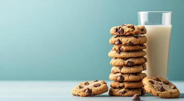 Stacked chocolate chip cookies beside a glass of milk on a light tabletop in a cozy setting photo