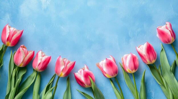 brillante rosado tulipanes arreglado artísticamente en un suave azul antecedentes en natural ligero foto