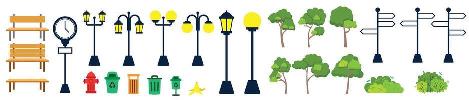 city park icon element bundle trees bushes trashcan, lightpole direction bench vector