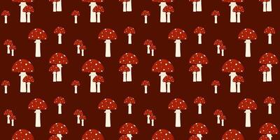 Seamless pattern of red Fly agaric on a dark brown background. Perfect for textiles, wallpapers, or web design. vector