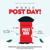 World Post day. 9th October post day celebration banner concept with red post box, letters around it. The day recognizes the importance of postal services and the role they play in connecting people. vector