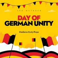 Day of Germany Unity. 3rd October German unity celebration banner, post with its flags, text written in its flags colours. The day commemorates German reunification in 1990. 34 years of reunification. vector