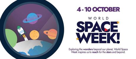 4 to 10 October space week celebration cover banner, post with a telescope view of earth globe, spaceship, planets. vector