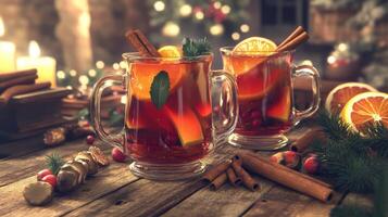 Warm spiced holiday drinks with cranberries and oranges on a wooden table during winter festivities photo