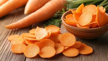 Freshly sliced carrots and a bowl of carrot chips on a rustic wooden table with whole carrots photo