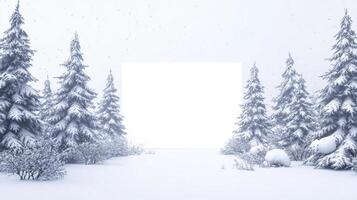 Snowy winter forest with a blank canvas surrounded by pine trees under falling snowflakes photo