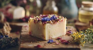 Handmade herbal soap with dried flowers displayed on a wooden surface in a natural setting photo