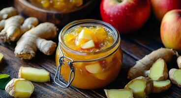 Homemade ginger and apple jam with fresh ginger root and apples on wooden table photo
