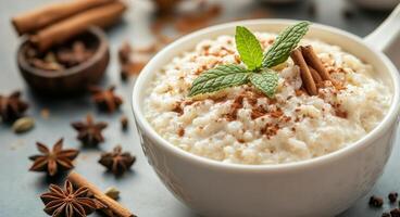Creamy rice pudding topped with mint and spices, captured in a cozy kitchen setting photo