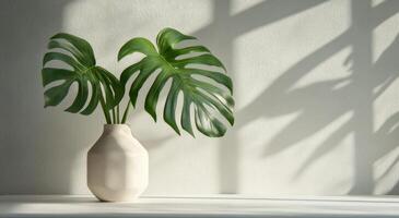 Monstera plant in a vase casting interesting shadows on a textured wall during daylight photo