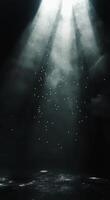 Radiant beams of light shining through a dark space with floating particles in the air photo