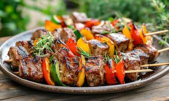 Grilled meat skewers with colorful vegetables on a rustic wooden table in a garden setting photo