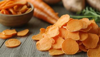 Freshly sliced carrots and a bowl of carrot chips on a rustic wooden table with whole carrots photo