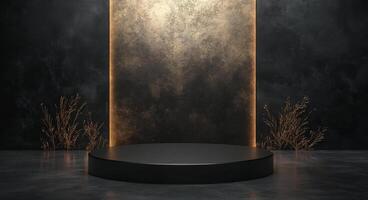 Minimalist circular pedestal with illuminated edge in a darkened studio environment photo
