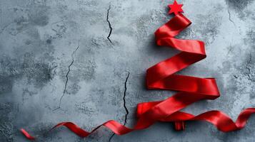 A decorative red ribbon forming a Christmas tree shape on a textured gray background photo