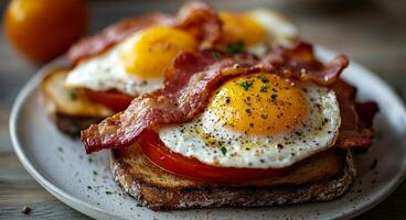Delicious breakfast with fried eggs, crispy bacon, and cherry tomatoes on toasted bread photo