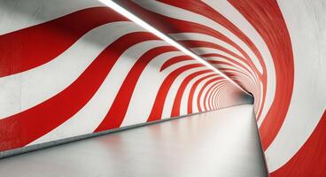 Striking red and white geometric hallway leading into a mysterious vanishing point photo