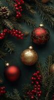 Festive holiday decor with ornaments and greenery on a dark green background photo