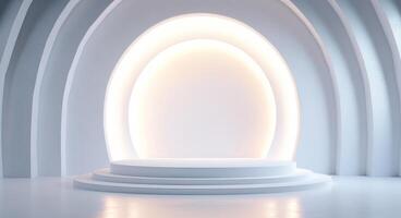 Modern minimalist stage design featuring circular backdrop in soft lighting photo