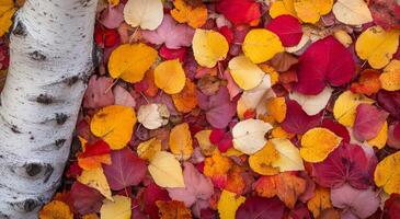 Colorful autumn leaves cover the ground beneath birch trees in a vibrant forest setting photo