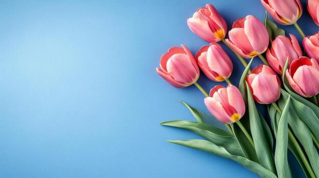 brillante rosado tulipanes arreglado artísticamente en un suave azul antecedentes en natural ligero foto