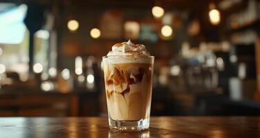 Delicious iced coffee topped with whipped cream and chocolate shavings in a cozy cafe setting photo
