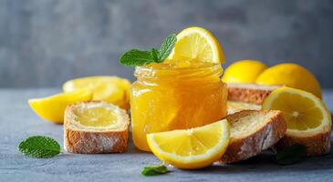 Homemade lemon preserves with fresh mint displayed alongside sliced lemons and bread photo