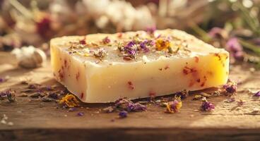 Handmade herbal soap with dried flowers displayed on a wooden surface in a natural setting photo