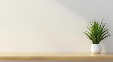 A minimalist corner featuring a potted plant on a wooden shelf against a light-colored wall photo