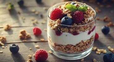 Delicious layered yogurt parfait with fresh berries and granola on wooden table in natural light photo