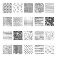 Hand drawn patterns in square icons set in flat style. Doodle sketch illustration on isolated background. Chaotic random waves sign business concept. vector