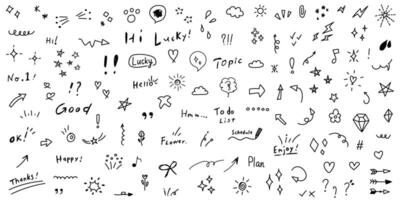 Hand drawn doodles icon in flat style. Speech bubbles, arrows and shapes illustration on isolated background. Drawing sketch sign business concept. vector