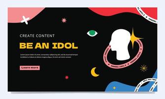 Landing page with a human profile surrounded by geometric elements, quotes. A symbol of a blogger's promotion, an influential person, an artist, an idol, a star. vector