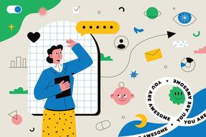 woman entrepreneur around which the symbols of tasks, cases, the path of advancement. A metaphor for the female problem of multitasking, social roles, success in all areas of life vector