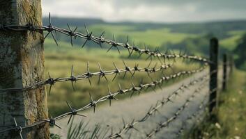 Barbed wire fence along a rural landscape in warm daylight with rolling hills in the background photo