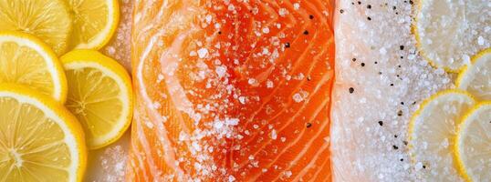 Fresh salmon fillet with lemon slices and coarse salt on a rustic wooden background photo