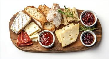 Artfully arranged selection of cheeses, spreads, and bread on a wooden board for a gourmet tasting photo