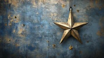 Golden star ornament on a textured blue background with decorative stars featuring vintage style photo