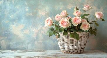 Beautiful pink roses in a woven basket arranged on rustic wooden table with a vintage backdrop photo