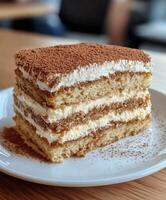Delicious homemade tiramisu dessert served on a white plate with cocoa powder topping photo